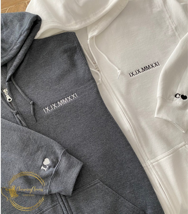 Full-Zip Hoodie Custom Embroidered Roman Numeral Date Initials on Sleeves Couple's Full-Zip Hoodie image 2