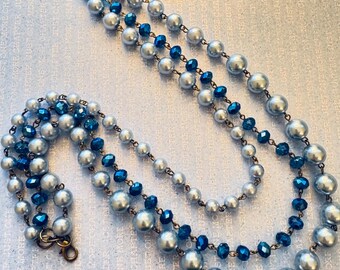 Blue Faux Pearl Necklace: Triple Strand Vintage Bronze