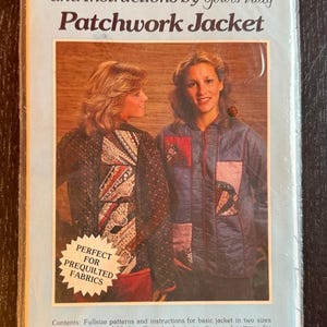 May include: A vintage sewing pattern for a patchwork jacket. The cover features two women wearing patchwork jackets. The text reads "A Patchwork Pattern and Instructions by Yours Truly Patchwork Jacket". The pattern includes instructions for two sizes.