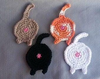 Posavasos de ganchillo con forma de trasero de gato; juegos de 2 o 4 hechos a mano. Elige tus colores.
