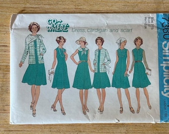 Simplicity #7360 Sewing Pattern 1970s Dress Cardigan Scarf  Size 14 1/2 UNCUT