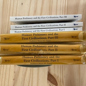 May include: A stack of books titled "Human Prehistory and the First Civilizations" by Professor Brian M. Fagan. The books are in three parts, with a white and yellow color scheme. The books are stacked on a wooden surface.