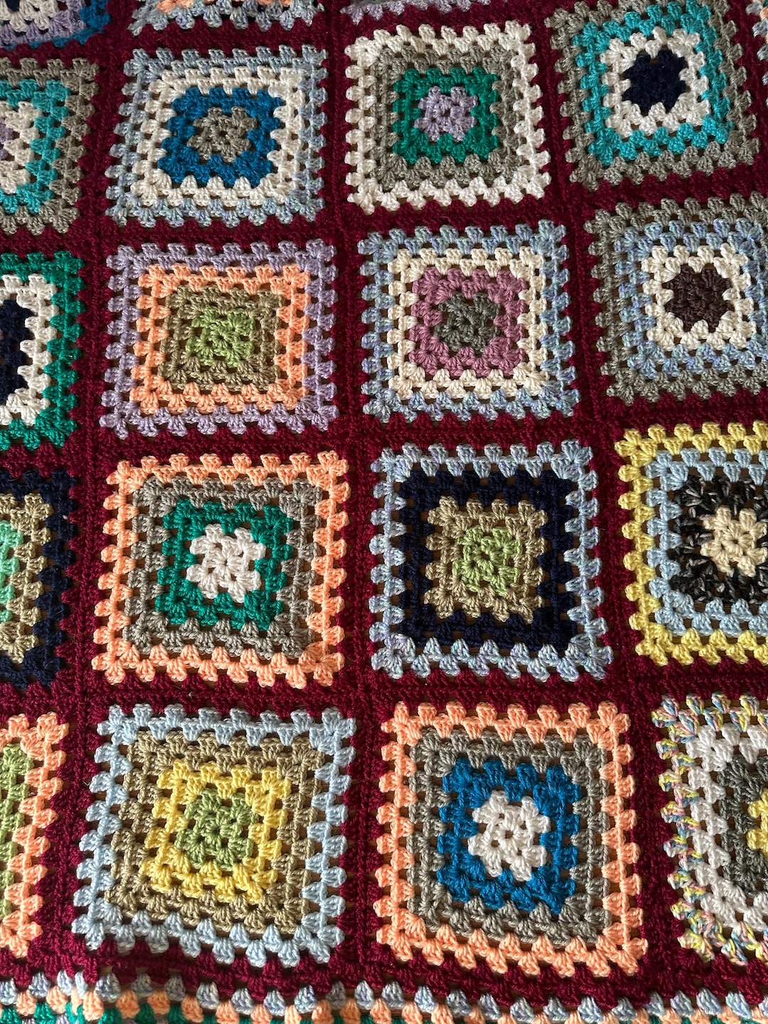 Granny Square Style Rag Rug Crotchet Granny Square Rug in Green, White, Blue, Grey, Red, and Yellow ...