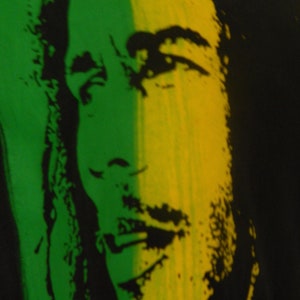 May include: A black and white image of a person's face with green and yellow stripes behind them. The person has dreadlocks and a beard.