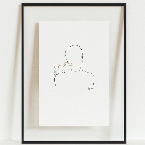 DIGITAL DOWNLOAD Angel Father With Three Babies Simple Line Art Print,Gift for Dad, Miscarriage Art Print, by Liana Lane