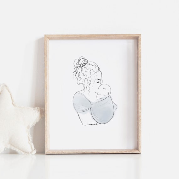 Mother Son Portrait With Curly Hair Printable Nursery Art Etsy