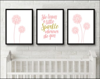 Dandelion print dorm decor set She leaves a little sparkle wherever she goes pink nursery set of 3 prints gold glitter Wall Art
