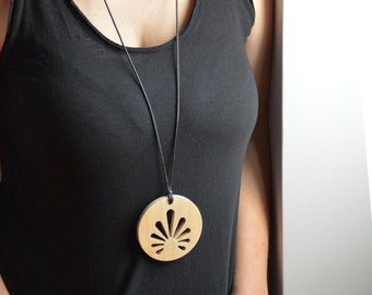 Long Antefix Ancient Greek Symbol Pendant, Wooden Round Architect Minimal Necklace, Bold Circle 5th Boho Gift for Her