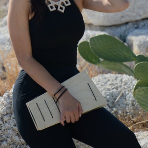 Geometric Modern Polygonal Wooden Clutch, Minimalist Slim Flat Bag, Bold Unusual Geometric Purse with Cruelty-free Leather Zipper Pouch