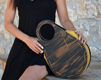 Hölzerne Henkeltasche Ovale Geometrische Handtasche Übergroße Tasche mit Kunstleder Grausamkeitsfreies Holzzubehör Slow Fashion Gifting für Sie