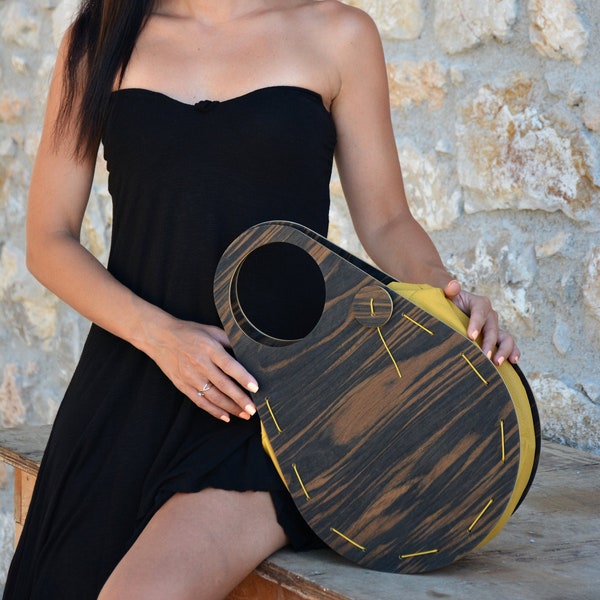 Wooden Top Handle Bag Oval Geometric Handbag Oversized Bag with Leatherette Cruelty-free Wood Accessories Slow Fashion Gifting for Her