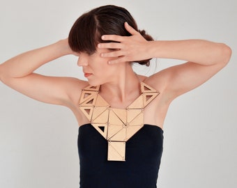 Statement Necklace Chunky Wood Geometric Triangle Open Plain Contemporary Necklace Authentic Natural Original Wooden Necklace