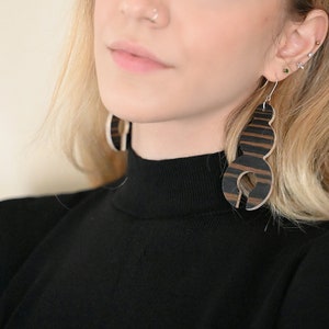 Ebony Wood Long Geometric Earrings, Silver Hook Dangle Conceptual Earring, Big Contemporary Minimal Modern Avant-garde Handmade Gift for Her