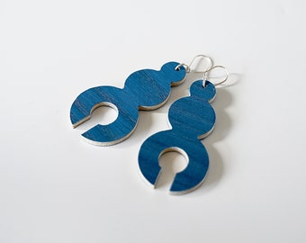 Blue Wood Handmade Circle Geometric Summer Earrings, 925 Silver Hoop Dangle Earrings, Big Eccentric Modern Extravagant Ethical Jewelry