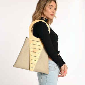 Eco Wooden Handle Tote Bag, Grey Faux Leather Interior, Handmade Wood Handbag, Unique Wooden Top Handle Bag, Stylish Fashion Accessories