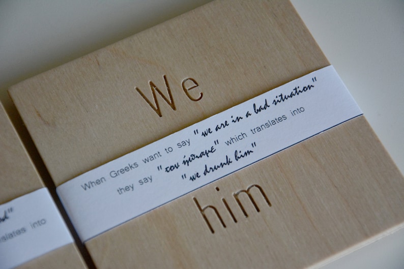 Engraved coasters with funny greek expressions Original coffee sous verre created by a Greek designer Wood souvenir from Greece