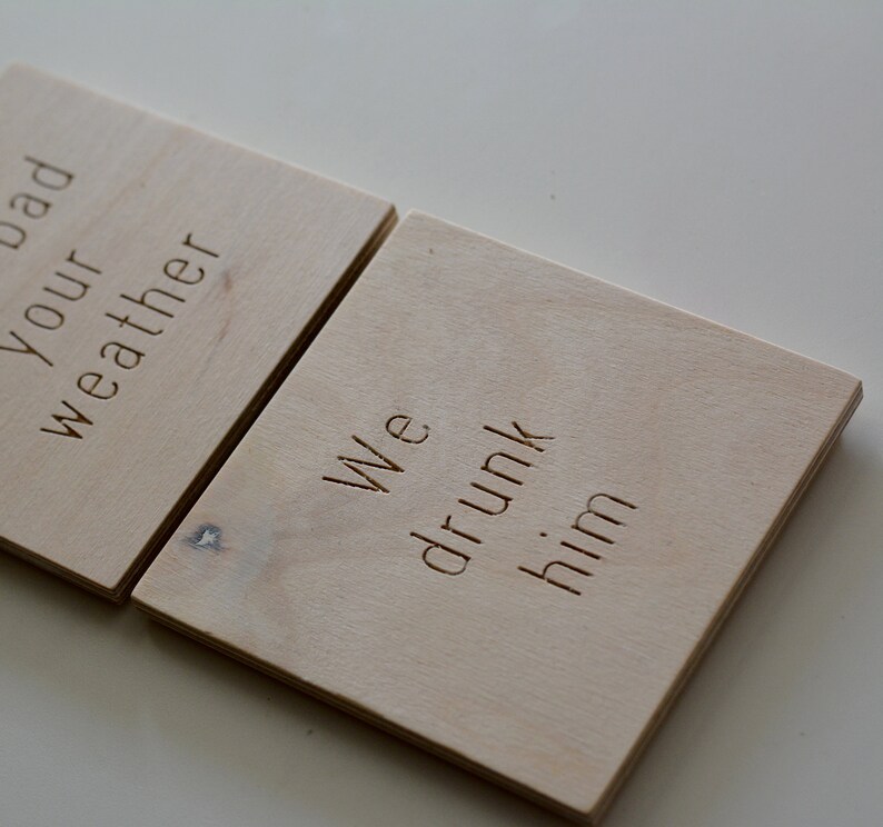 Engraved coasters with funny greek expressions Original coffee sous verre created by a Greek designer Wood souvenir from Greece