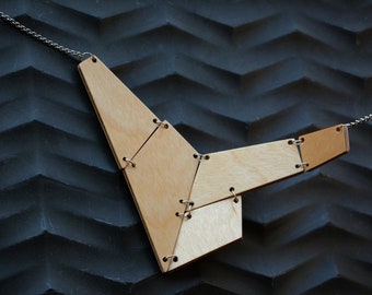 Contemporary minimal wooden necklace with chain, Modern handmade geometric wooden jewelry, Unconventional architectural elegant gift for her