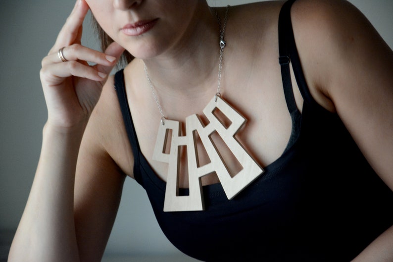 Bold large Art deco necklace from plywood Statement jewelry image 0