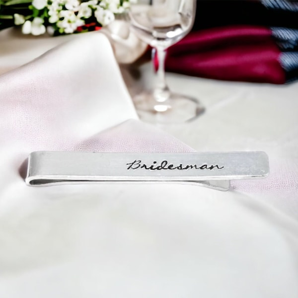 Bridesman tie clip - hand stamped wedding favour for man, tie bar, tie slide