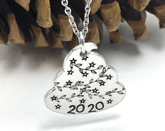 2020 necklace with novelty poop shape, hand stamped happy new year gift