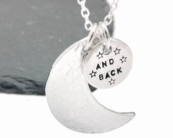 Crescent moon necklace hand stamped with 'AND BACK' personalised with stars, customised love you to the moon and back pendant