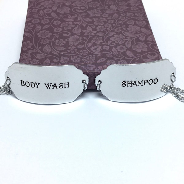 Hand stamped bottle tag for toiletries, bathroom plaque, soap or lotion label, cloakroom accessories, personalised aluminium gifts