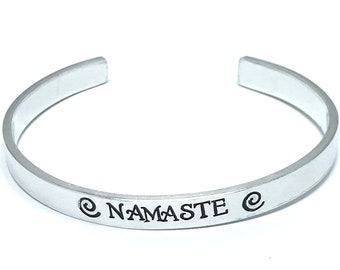 Cuff bracelet, hand stamped Namaste bangle, aluminium jewellery, copper bracelet