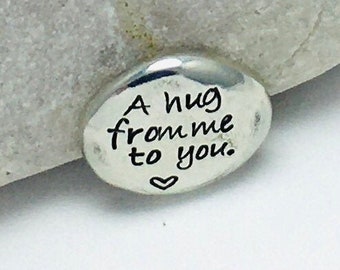 Pocket hug token, hand stamped pewter pebble, personalised metal stone, customised pocket rock, long distance gift, a hug from me to you