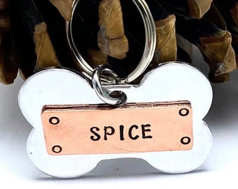 Dog identity tag, bone shaped ID, personalised pet tag, customised puppy disc, hand stamped metal, large dog name tag, copper and aluminium