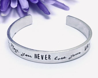 Personalised Cuff Bangle Hand Stamped With 'May You Never Lose Your Way' - Compass Bracelet for Traveller, Gap Year Gifts