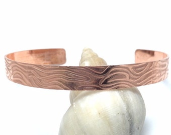 Men's Copper Cuff Bracelet with Tree Bark Texture Personalised with Secret Hidden Message, 7th Anniversary Gift, Customised Open Bangle