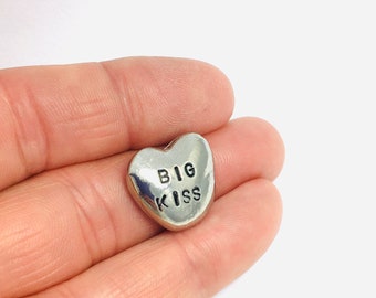 Heart shaped pocket hug pebble hand stamped BIG KISS, custom pewter love token, personalised letterbox gifts, for girlfriend or boyfriend