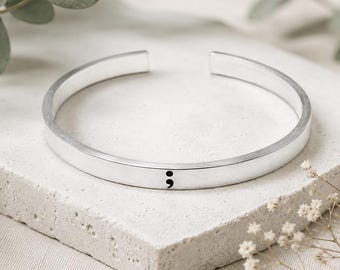 Semicolon Cuff Bracelet, Personalised Hidden Message Bracelet, Custom Aluminium Bangle, Mental Health Gift, Suicide Awareness Jewellery