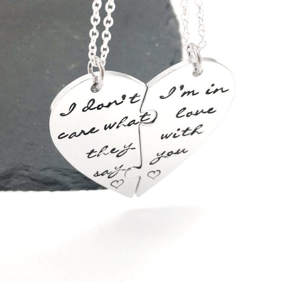Jigsaw puzzle split heart necklace with custom message, handstamped love pendant, personalised couples gifts, wedding or engagement present