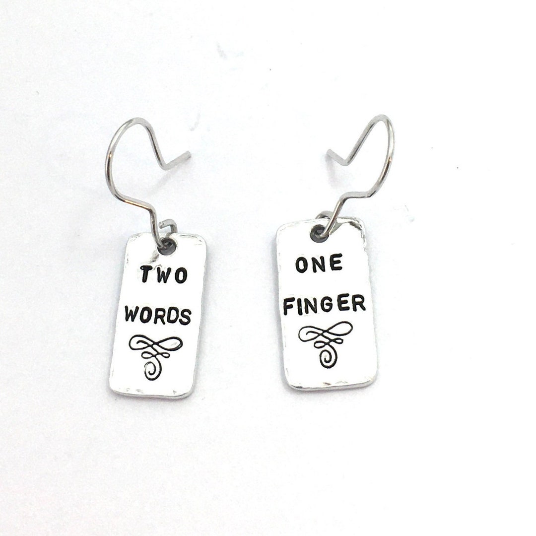 Two Words One Finger Customised Dangle Drop Earrings for Pierced Ears