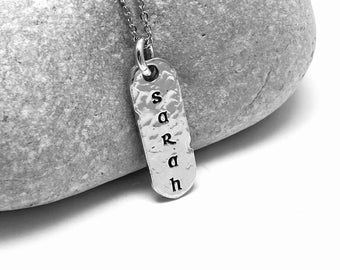 Personalised name necklace, hand stamped vertical name pendant, custom silver bar necklace, minimalist name jewellery, gift for her