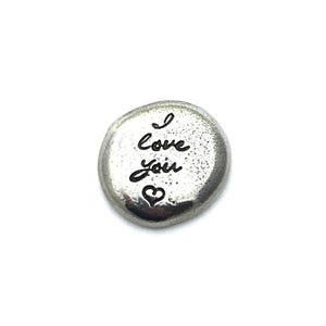 Hand poured pewter pocket hug pebble personalised with I love you, customised love token, send a virtual hug, girlfriend or boyfriend gifts
