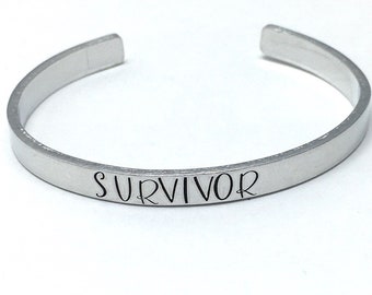 Survivor cuff bracelet, hand stamped bangle, personalised positive word, inspirational awareness jewelry, cancer survivor gift