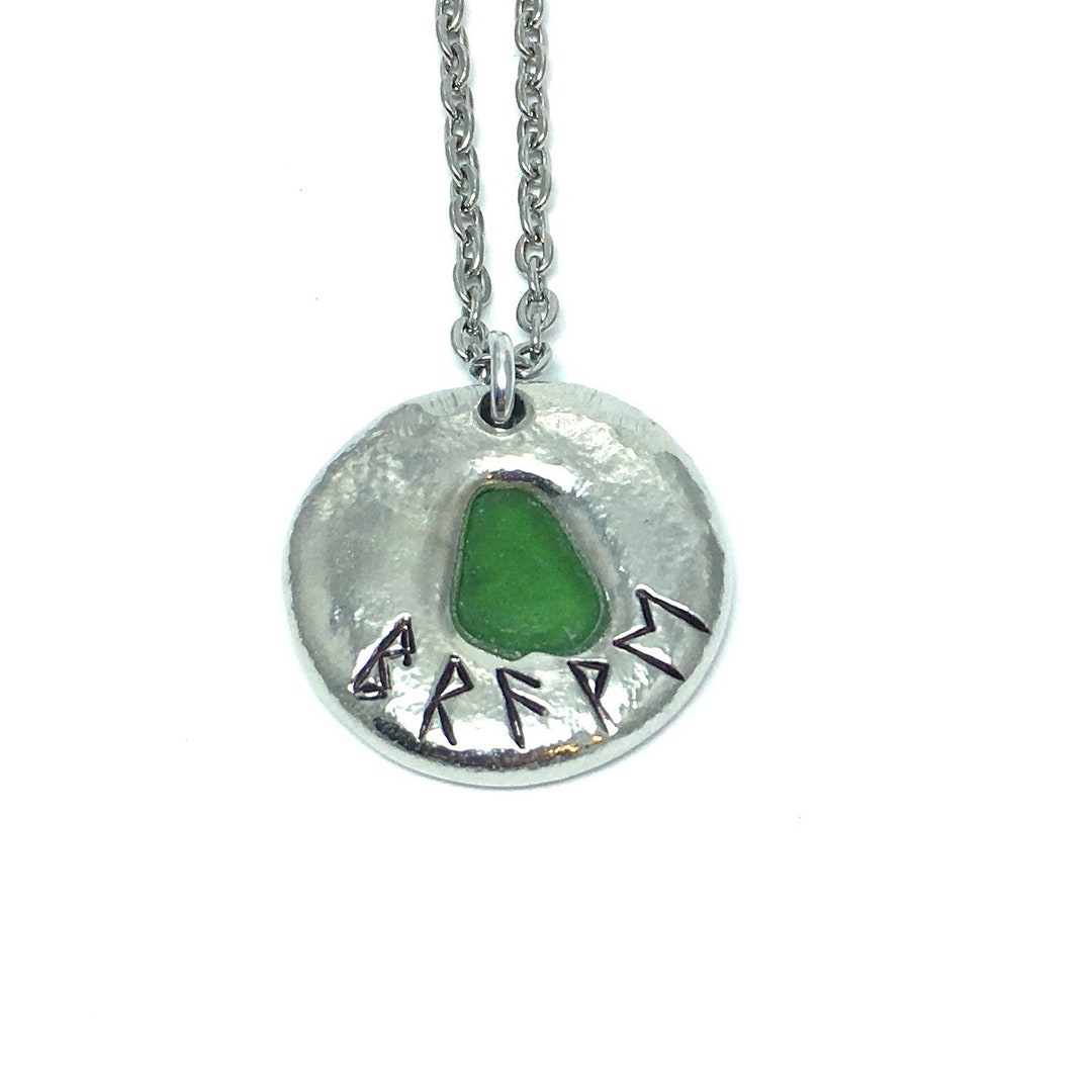 BRAVE Viking Rune Pendant With Green Sea Glass, Hand Stamped Pewter ...