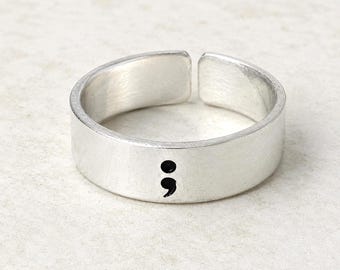 Semicolon Ring, Adjustable Hand Stamped Aluminium Ring, Mental Health Awareness Jewellery, Gift Of Hope, Suicide Awareness Ring