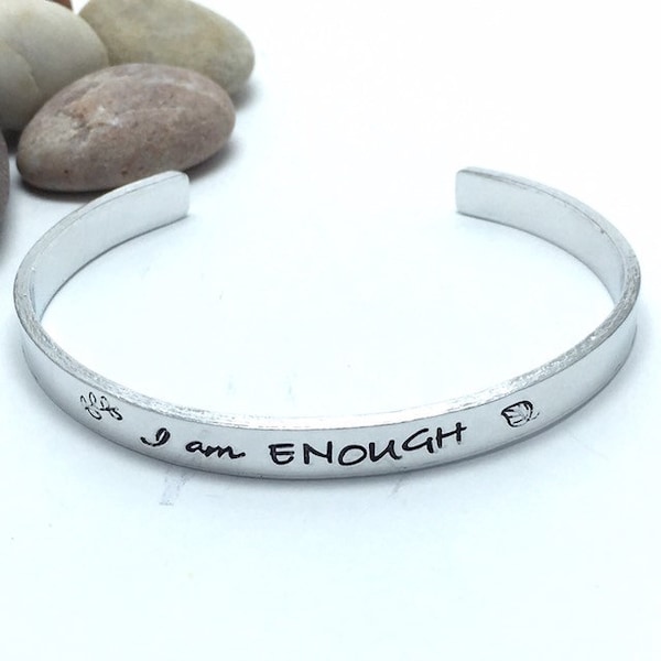 I Am Enough customised cuff bracelet, mental health awareness, aluminium or copper