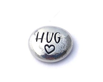Pewter pocket pebble stamped with 'hug' and heart – long distance gift, custom pocket hug keepsake, personalised love token, worry stone