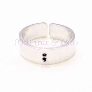 Handstamped Aluminium Cuff Ring with Semicolon Symbol, Adjustable Customisable Sizes, Personalised Inside, Mental Health/ Suicide Awareness image 1