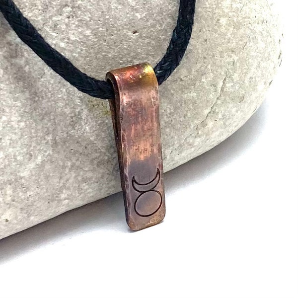 Copper bar pendant, horned god necklace, Wiccan symbol, neo pagan jewellery, flame painted copper, aged copper, druid, pagan, witchcraft