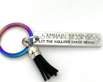 Samhain blessings keyring, hand stamped halloween keychain, pagan key ring, Wiccan key chain, all hallows gift idea, pentacle pentagram