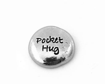 Personalised hand stamped pocket hug pebble, hand poured pewter hug token, customised good luck charm, send a long distance hug, virtual hug