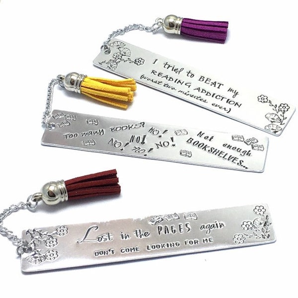 Personalised hand stamped bookmark - customise with own wording, gift for book lover, reading accessories, metal page marker with tassel