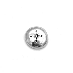 Pewter pocket pebble with compass design, custom pocket hug token for safe travels, hand stamped personalised good luck token for traveller