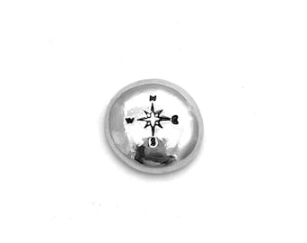 Pewter pocket pebble with compass design, custom pocket hug token for safe travels, hand stamped personalised good luck token for traveller